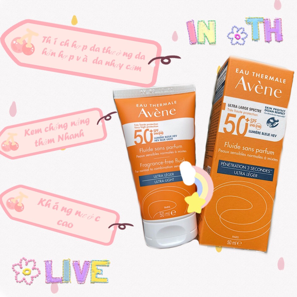 Kem chống nắng Avene Ultra Large Spectre 50+ SPF UVB UVA free fluid 3-second ultra-light 50ml